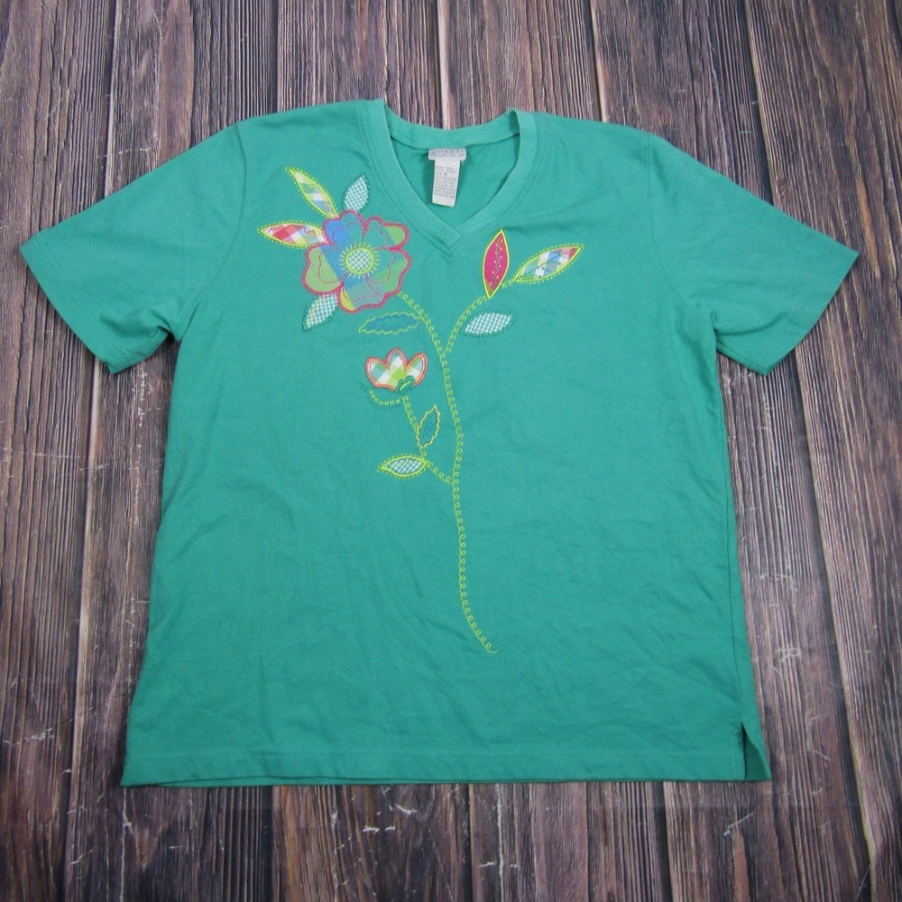 Koret Francisca Womens Medium Green Floral Granny Y2K V Neck T Shirt Top